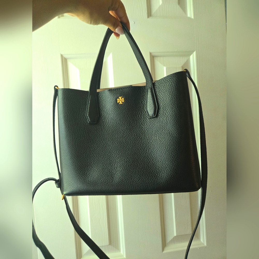 Tory Burch Black Pebbled Leather Crossbody Tote with Gold Logo
